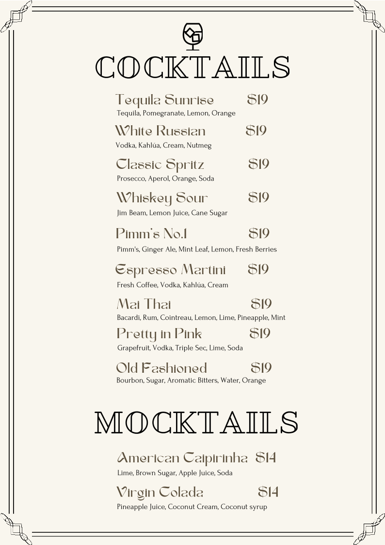 Menu, Modern Thai Restaurant