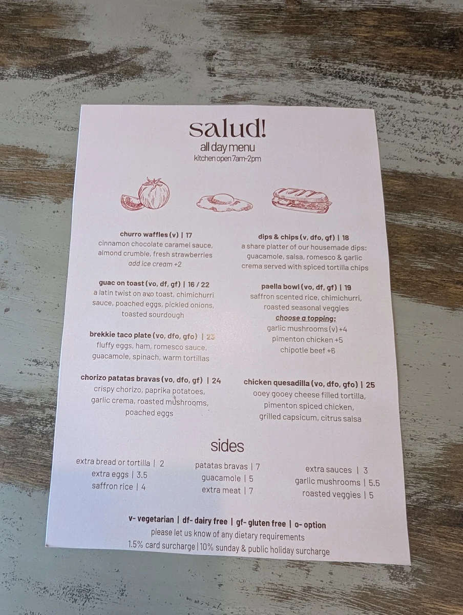 Menu, Salud Restaurant