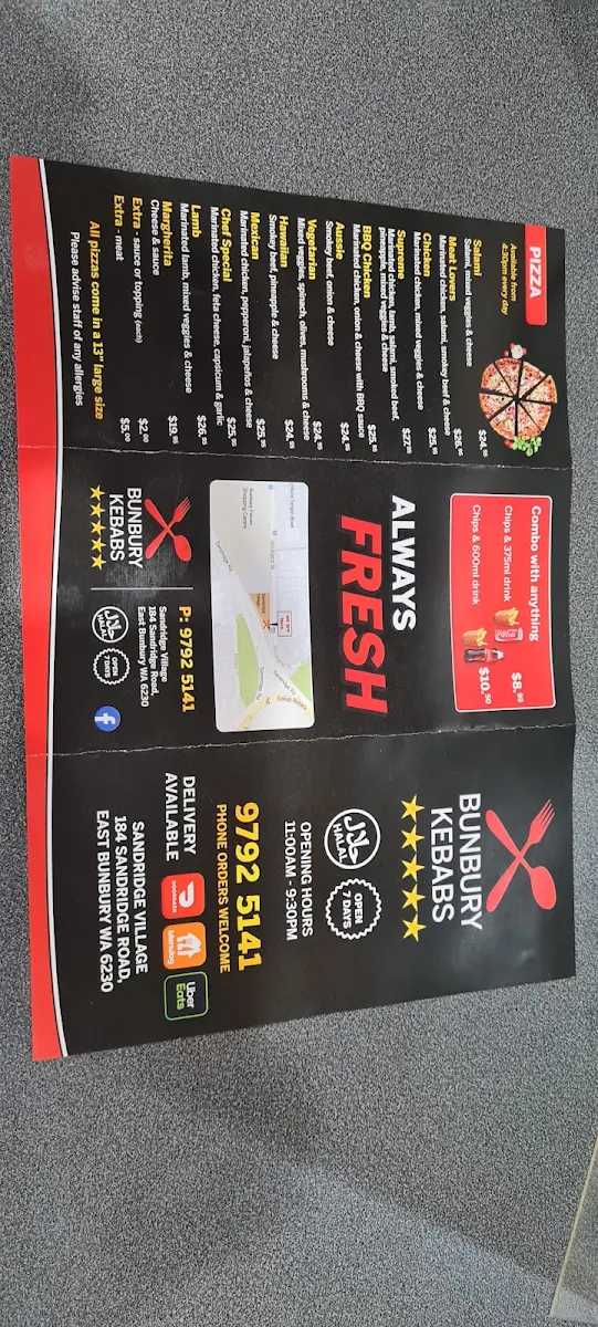 Menu, Bunbury Kebab And Pizza