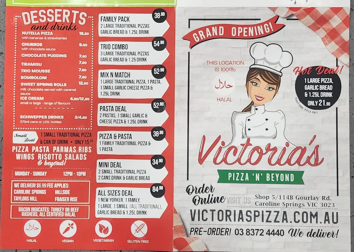 Menu, Victoria's Pizza N Beyond Caroline Springs