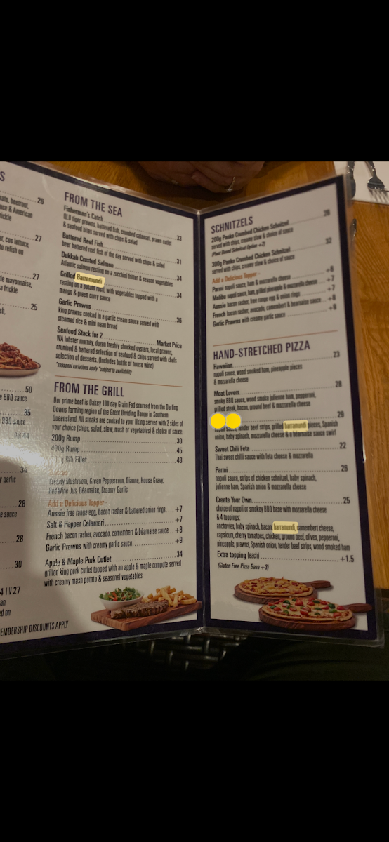 Menu, Bull N Barra