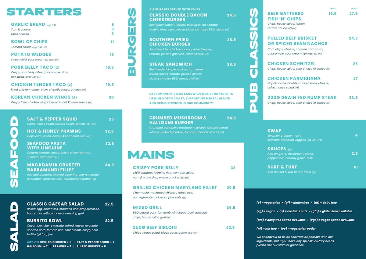 Menu, Moonee Beach Hotel