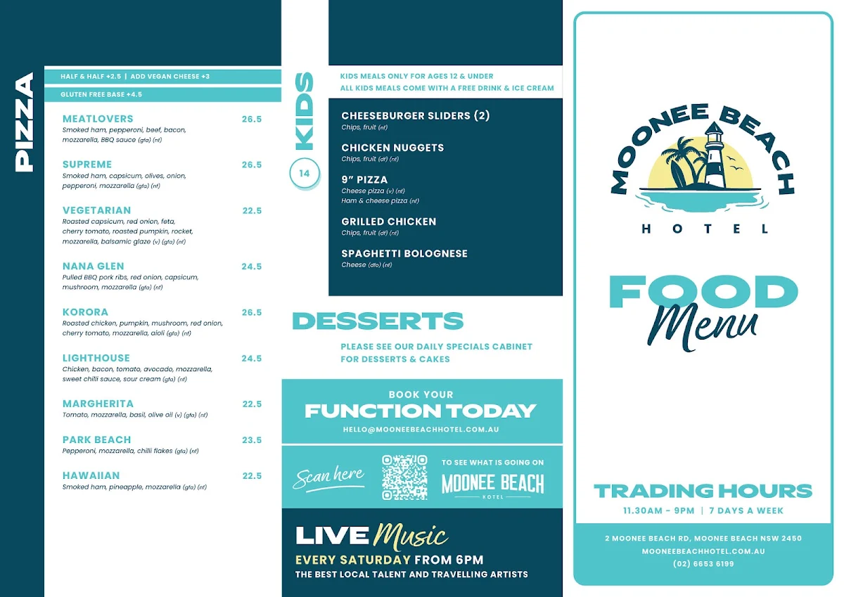 Menu, Moonee Beach Hotel