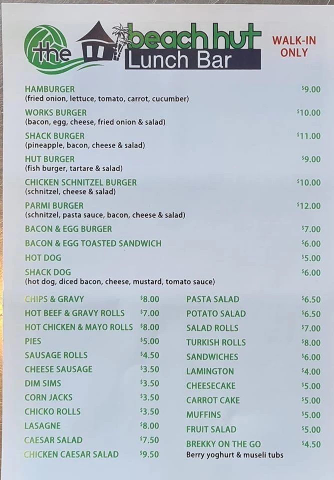 Menu, Beach Hut Lunch Bar & Drive-Thru Coffee