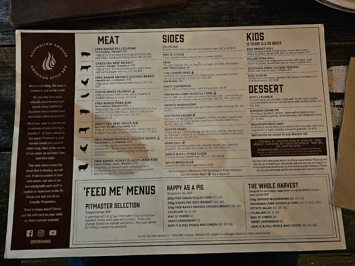 Menu, Red Gum BBQ