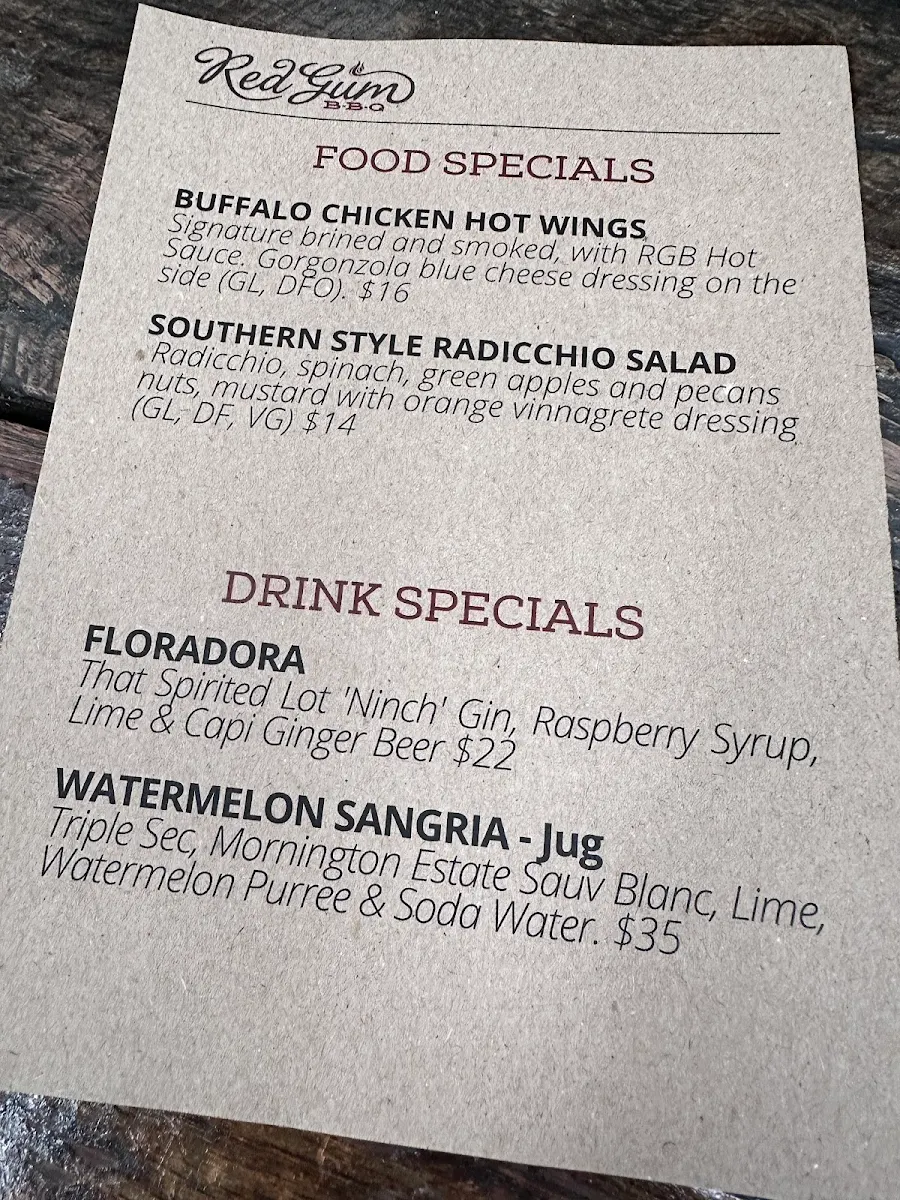 Menu, Red Gum BBQ