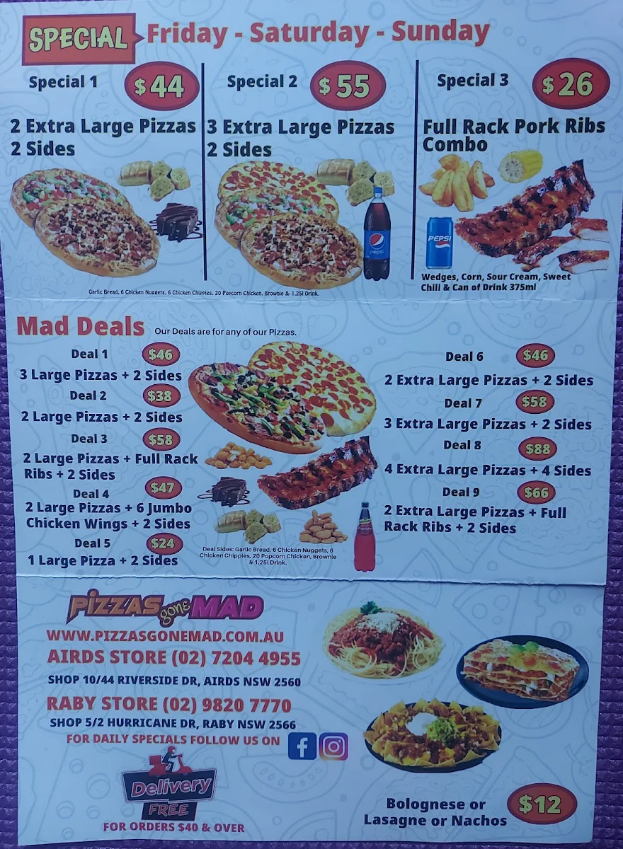 Menu, Pizzas Gone Mad - Airds