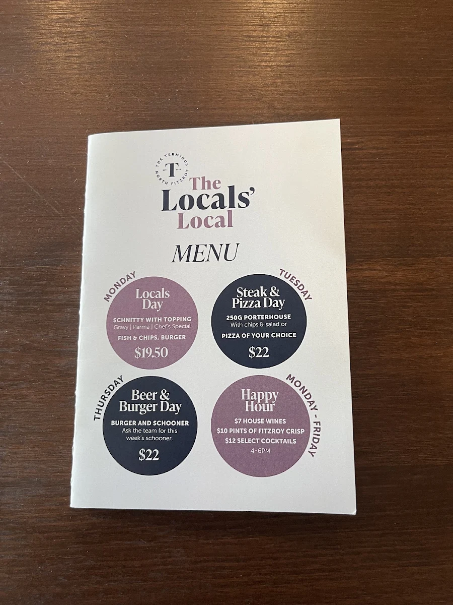 Menu, Terminus Hotel Fitzroy North