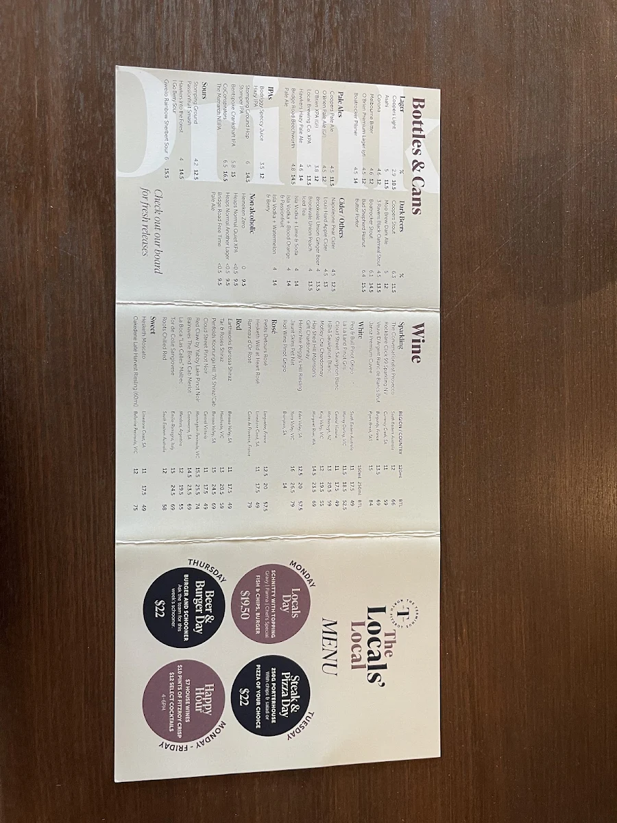 Menu, Terminus Hotel Fitzroy North