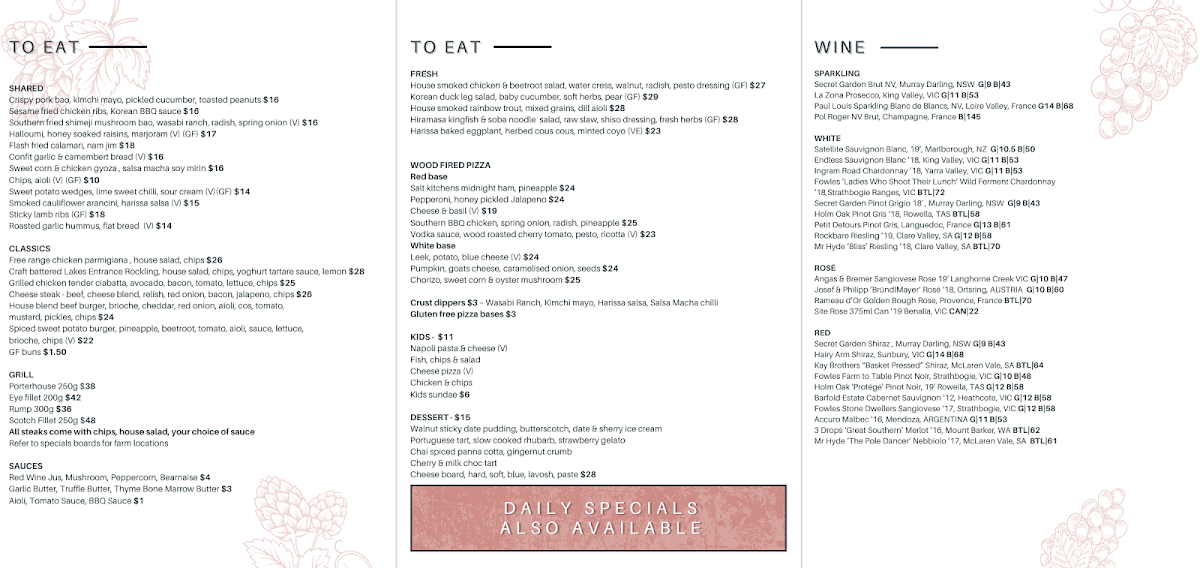 Menu, Terminus Hotel Fitzroy North