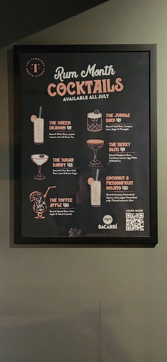 Menu, Terminus Hotel Fitzroy North
