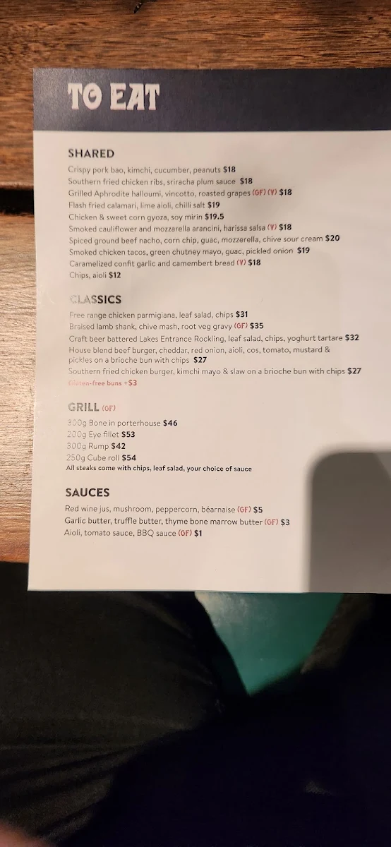 Menu, Terminus Hotel Fitzroy North