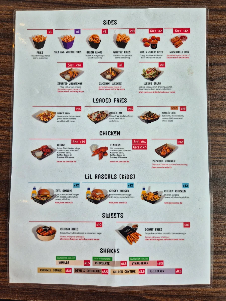 Menu, Burgertory (Werribee)