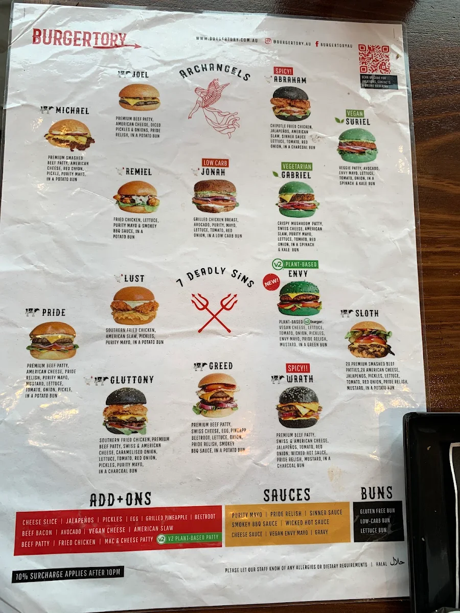 Menu, Burgertory (Werribee)