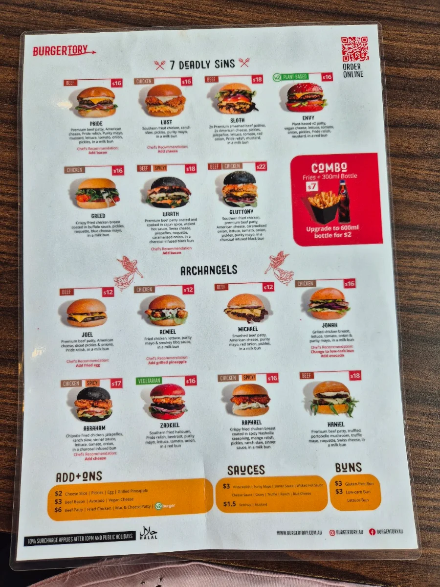 Menu, Burgertory (Werribee)