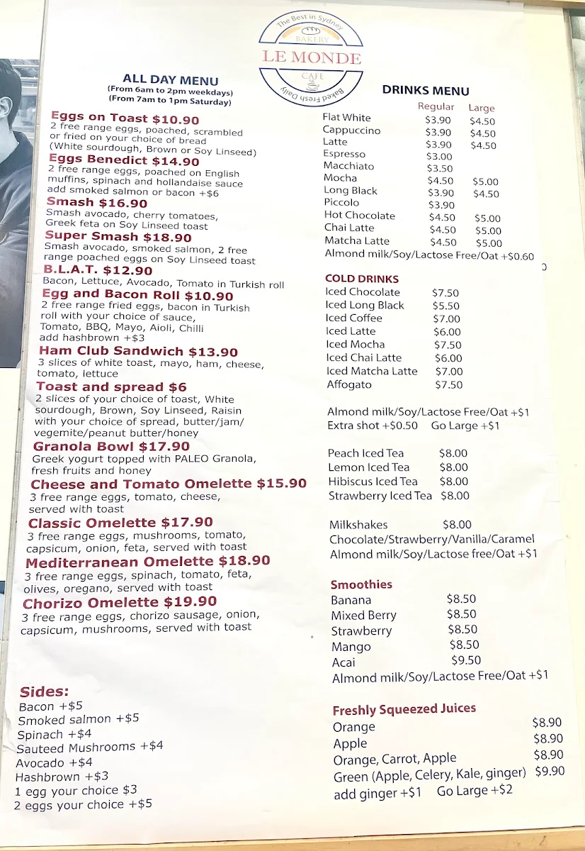 Menu, Le MONDE Bakery-Cafe