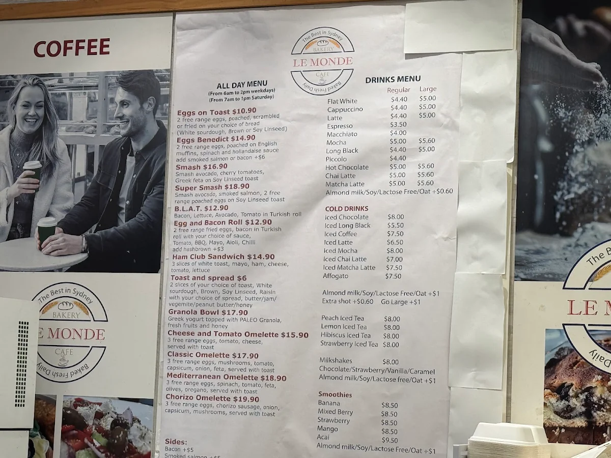 Menu, Le MONDE Bakery-Cafe
