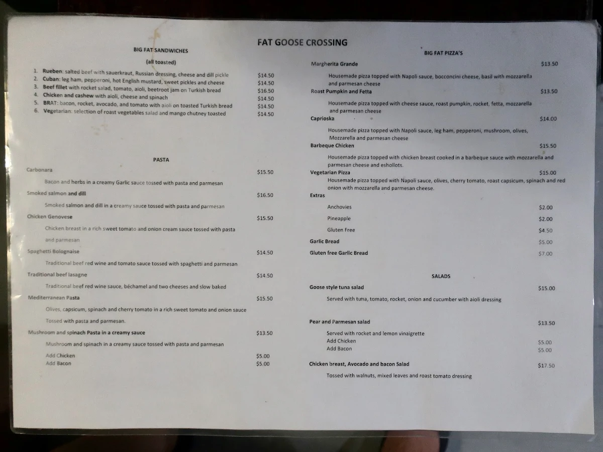 Menu, Fat Goose Crossing