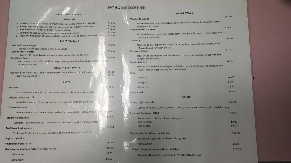 Menu, Fat Goose Crossing