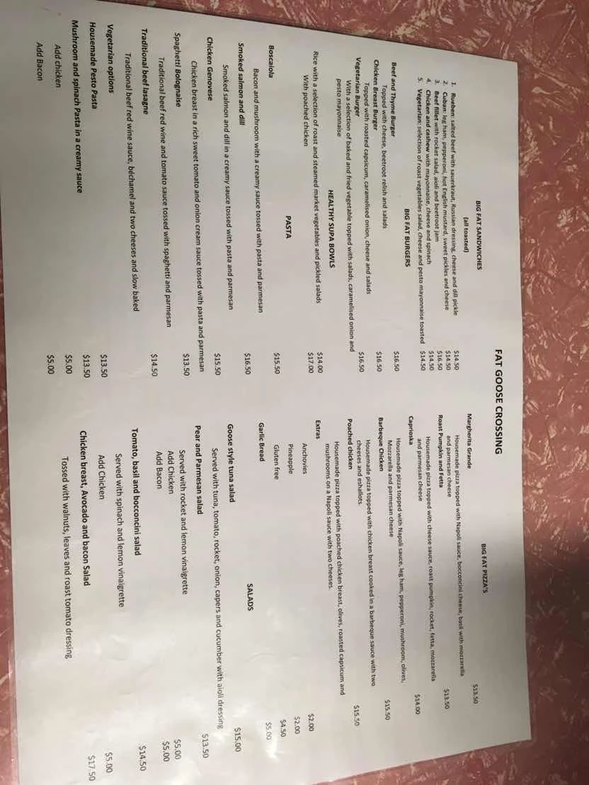 Menu, Fat Goose Crossing