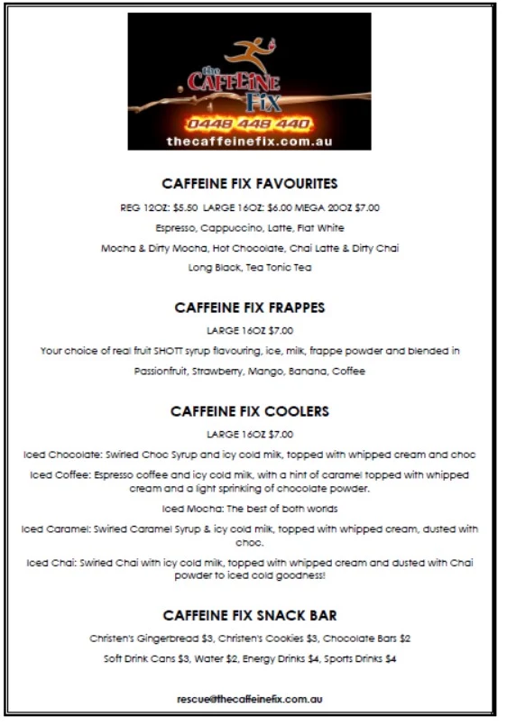 Menu, The Caffeine Fix Mobile Cafe
