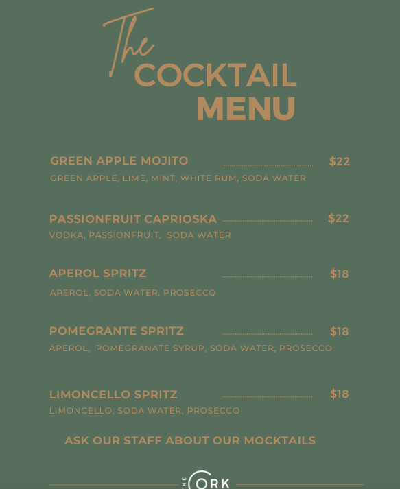 Menu, The Cork Bar