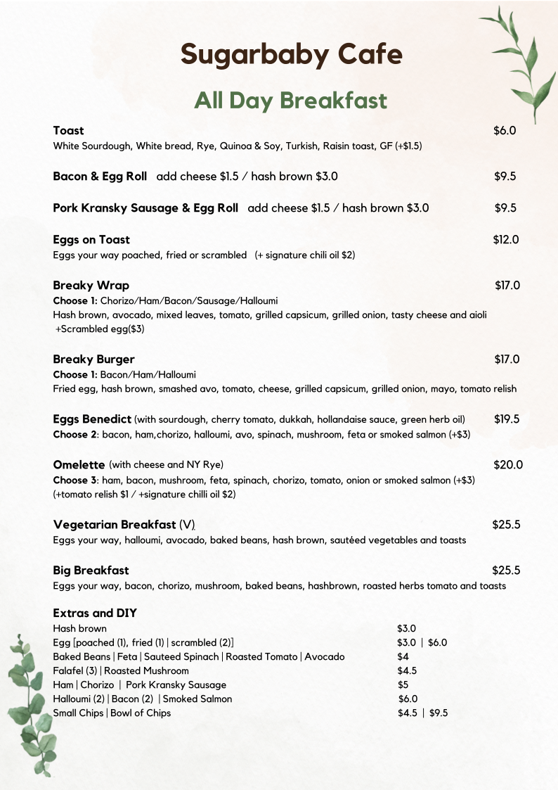 Menu, Sugarbaby Cafe Randwick