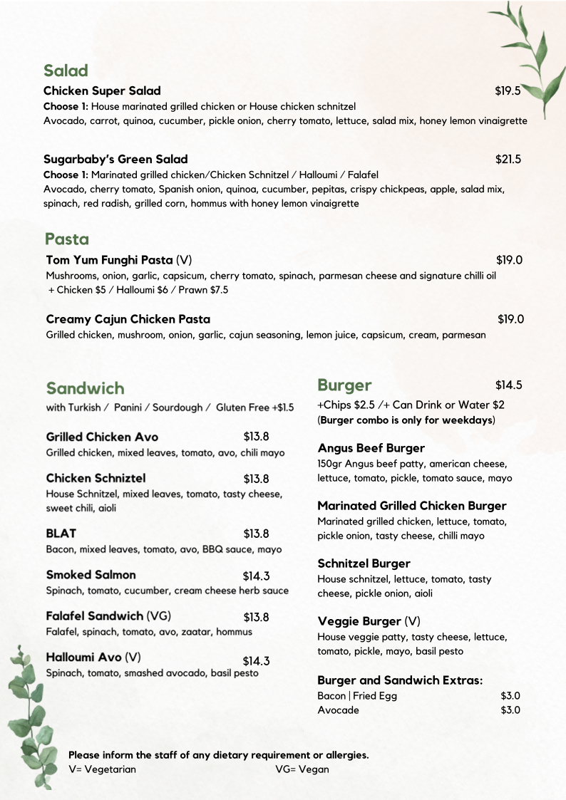 Menu, Sugarbaby Cafe Randwick