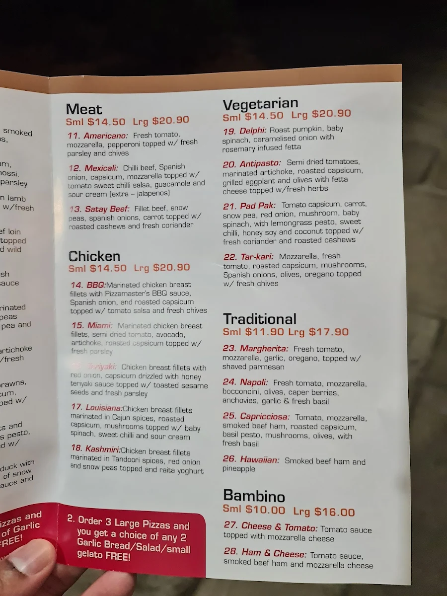 Menu, Pizzamaster Lindfield