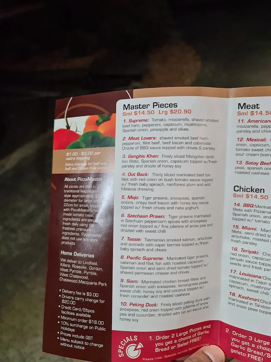 Menu, Pizzamaster Lindfield