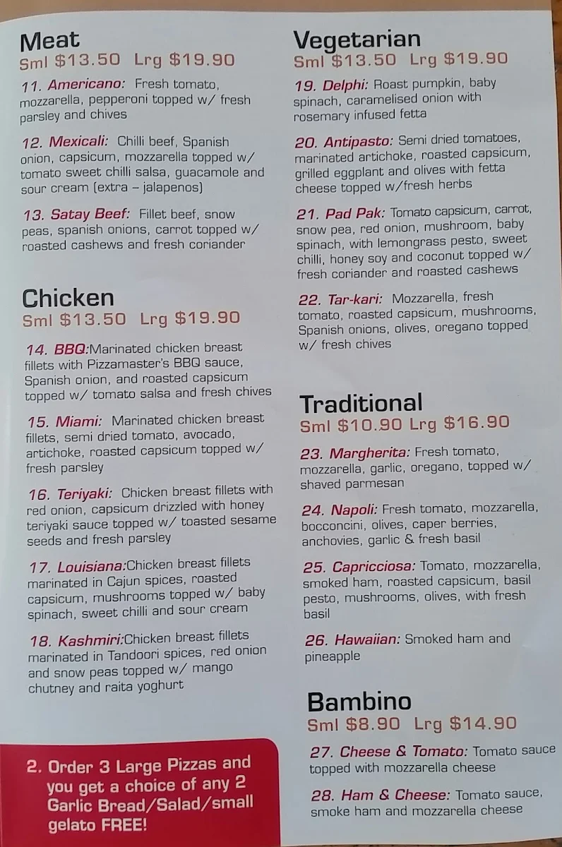 Menu, Pizzamaster Lindfield