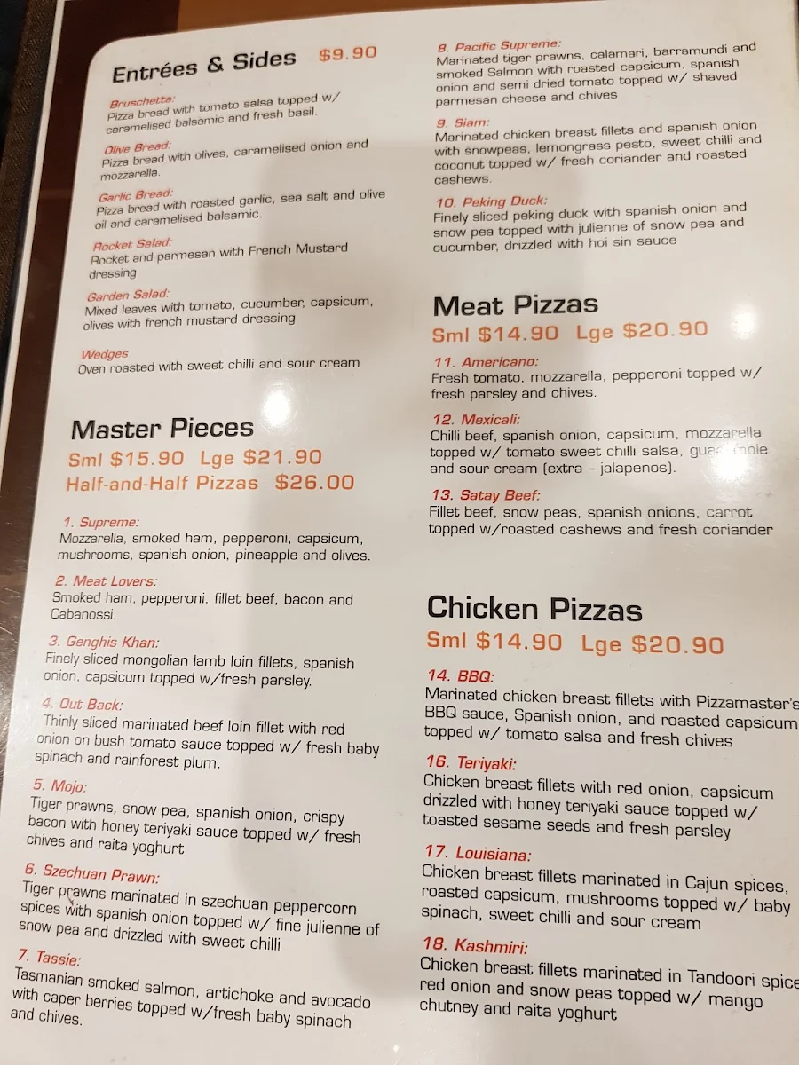 Menu, Pizzamaster Lindfield