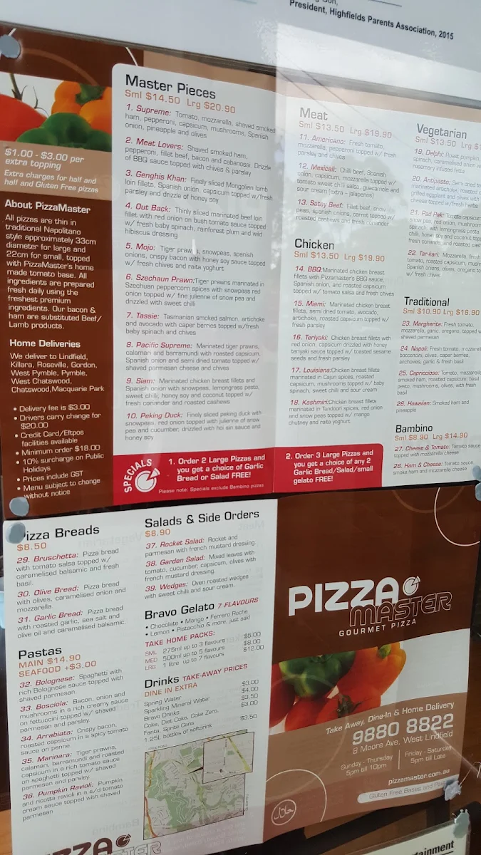 Menu, Pizzamaster Lindfield