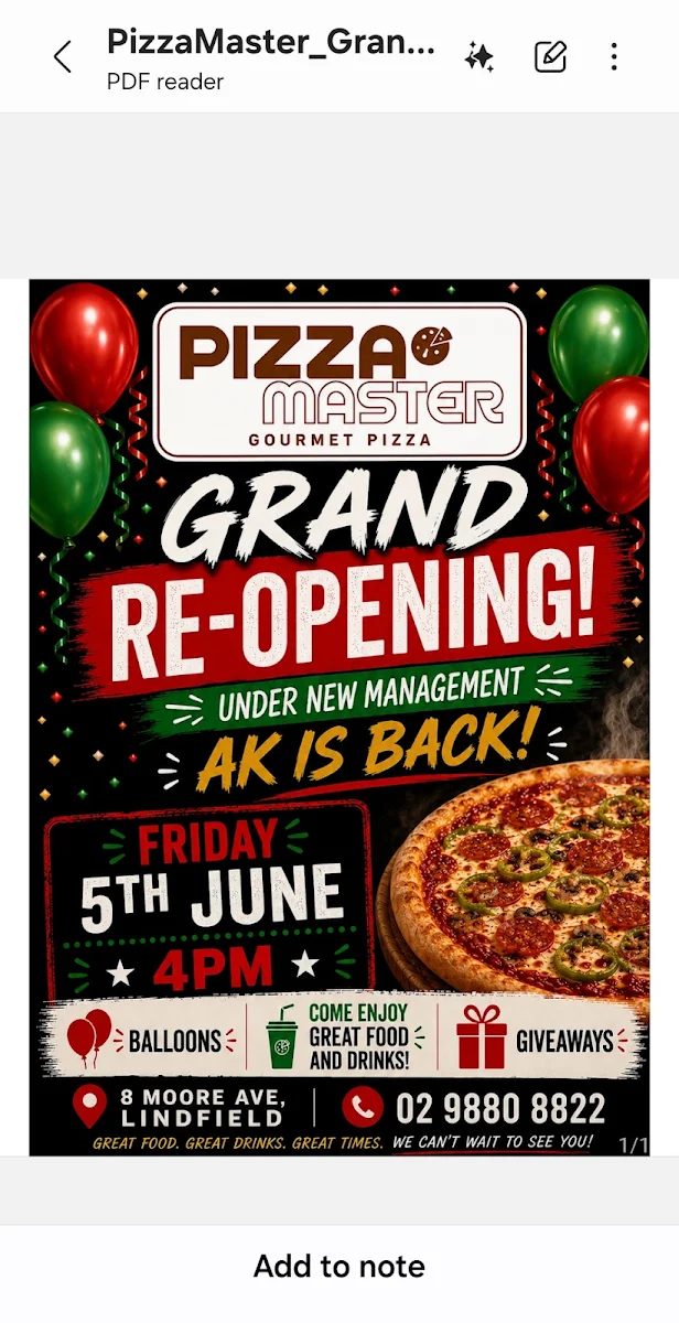 Menu, Pizzamaster Lindfield