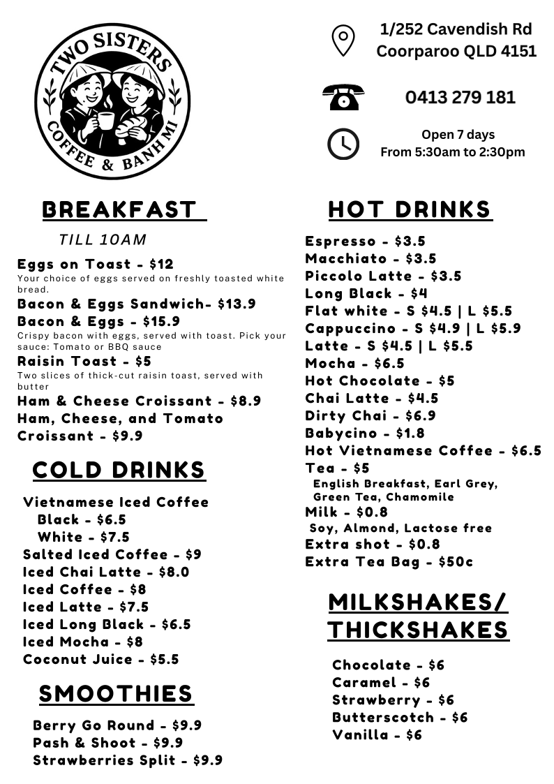 Menu, Two Sisters Coffee and Banh Mi