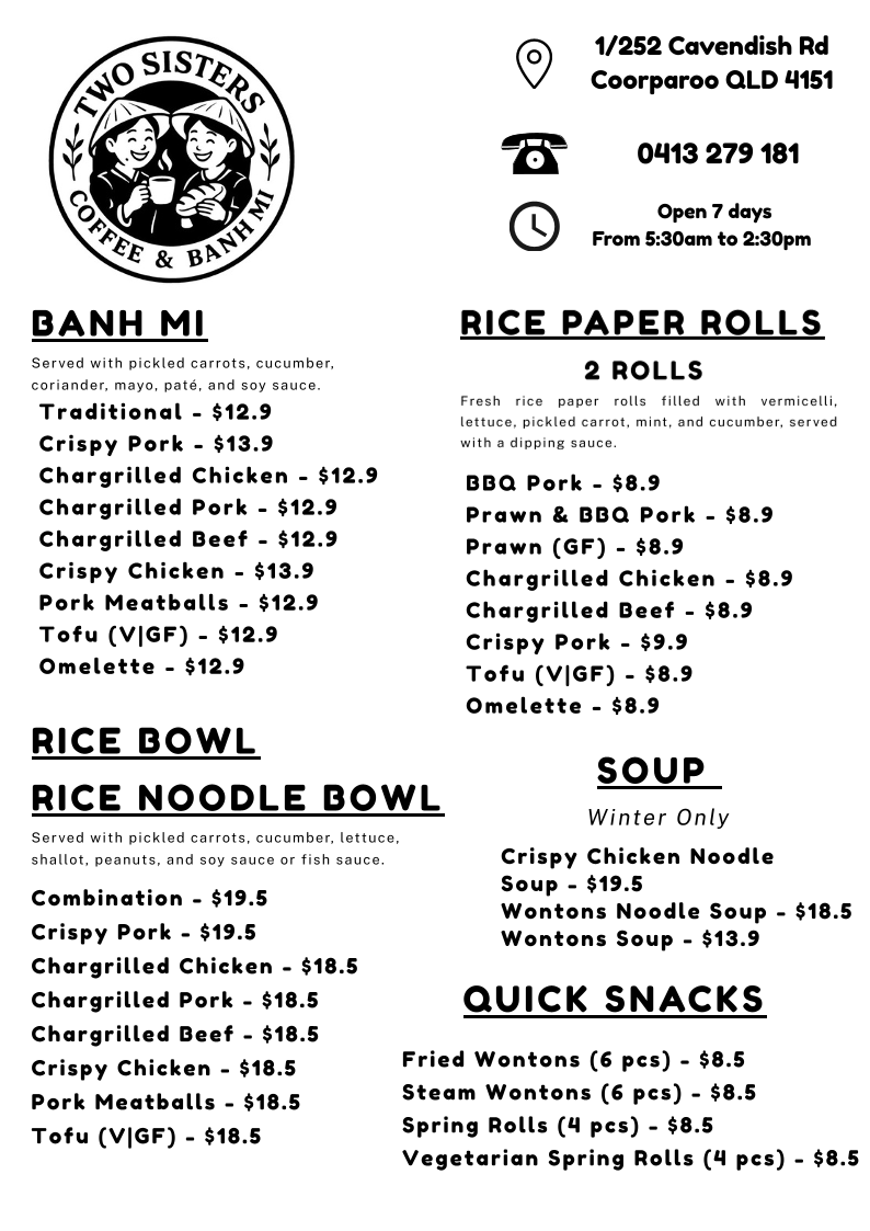 Menu, Two Sisters Coffee and Banh Mi