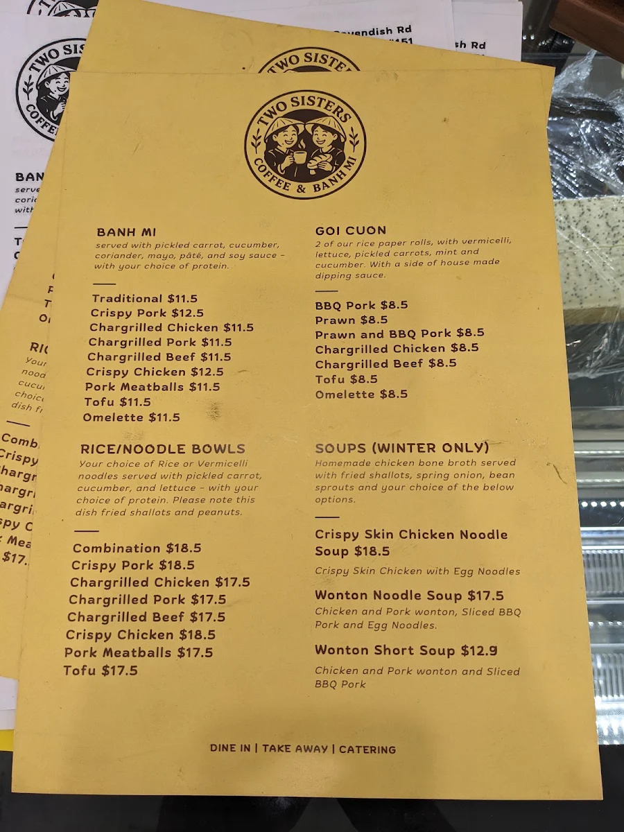 Menu, Two Sisters Coffee and Banh Mi