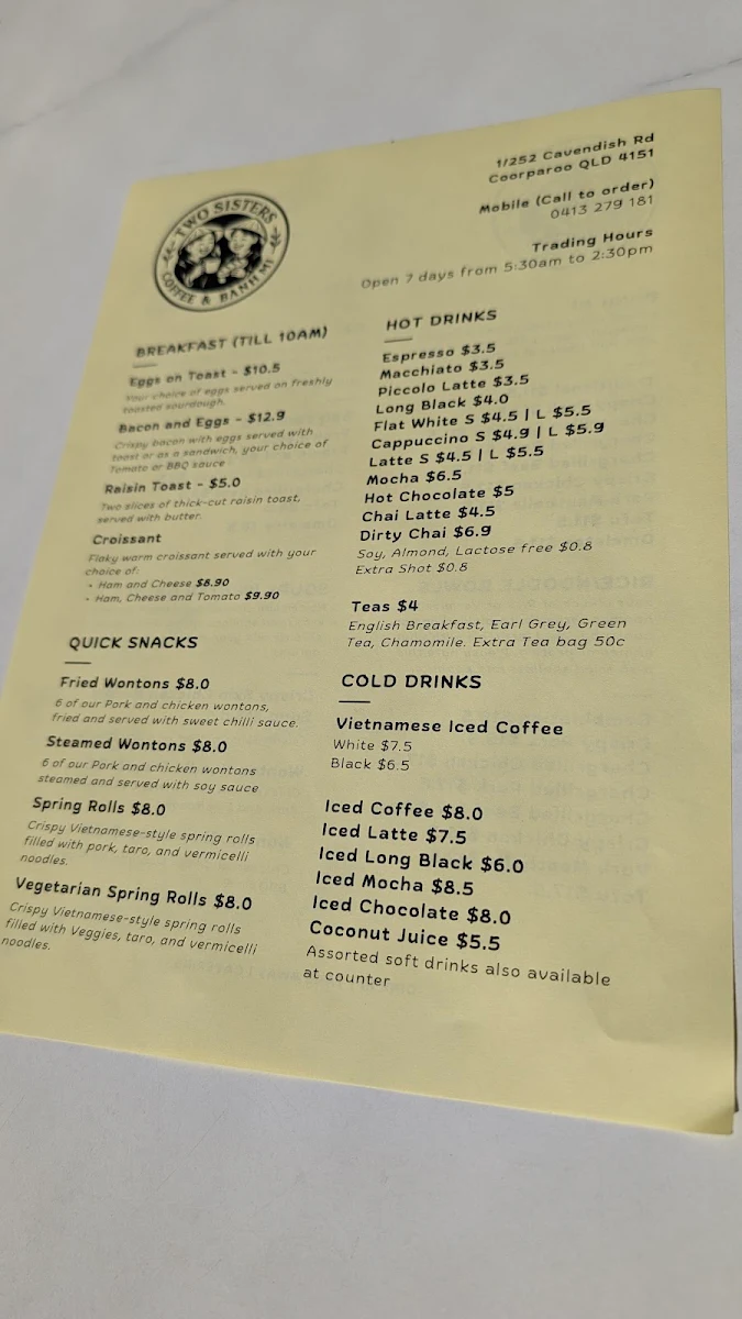 Menu, Two Sisters Coffee and Banh Mi