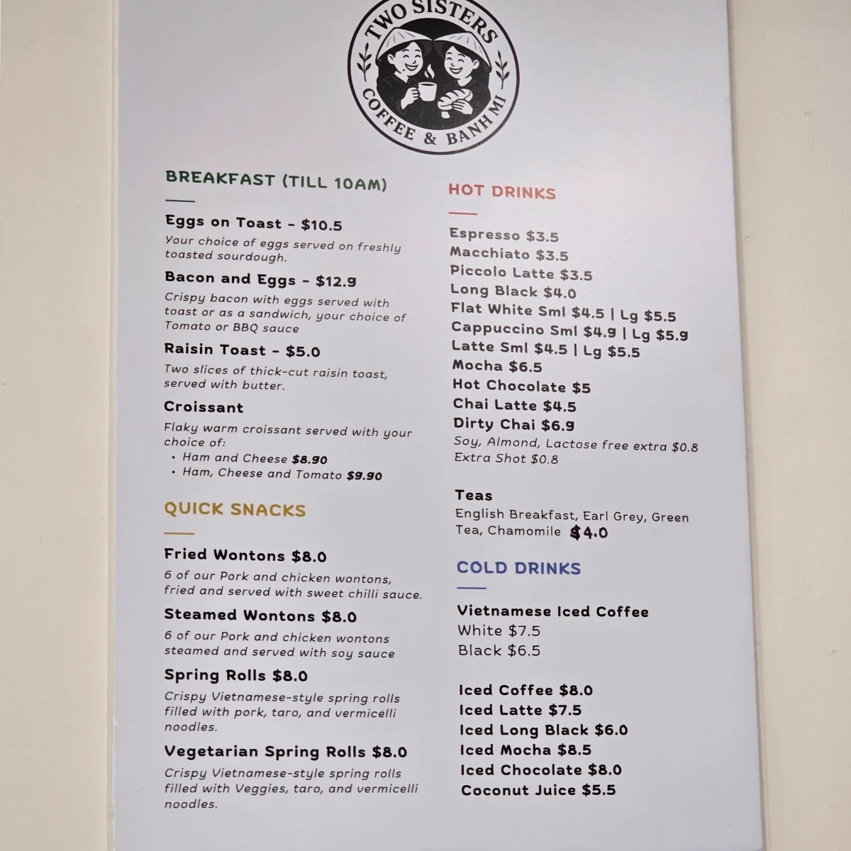 Menu, Two Sisters Coffee and Banh Mi