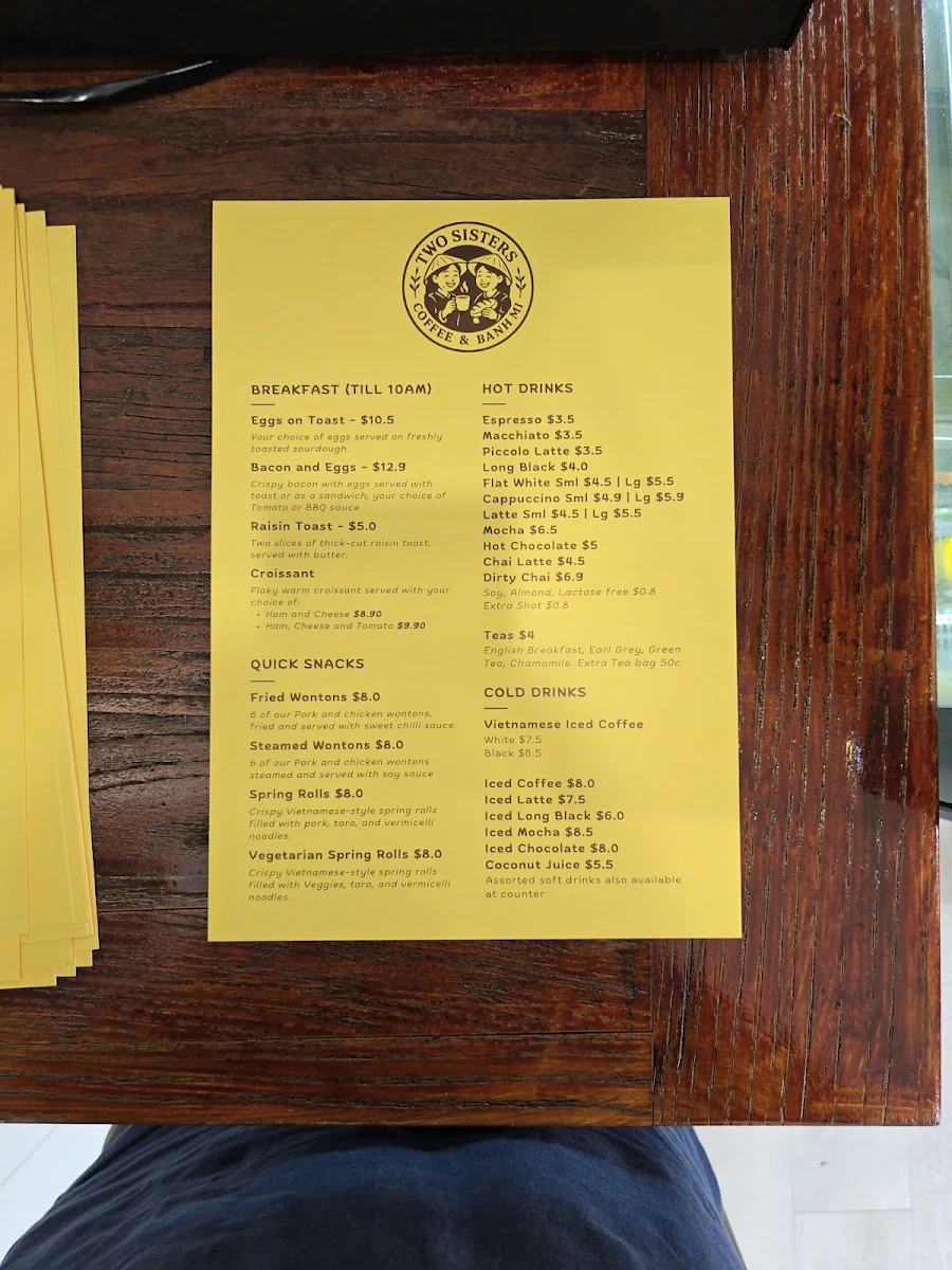 Menu, Two Sisters Coffee and Banh Mi