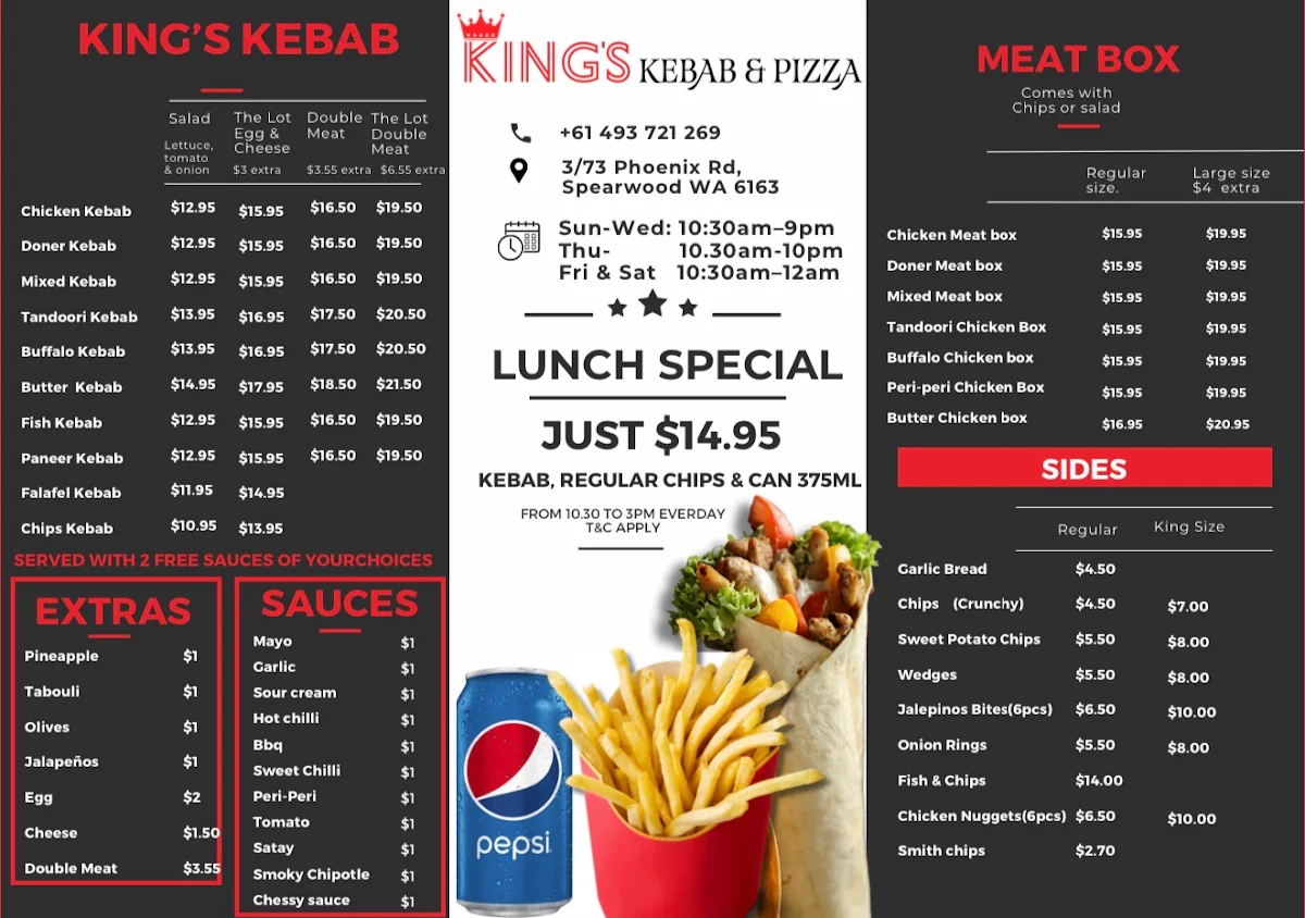 Menu, Kings Kebab & Pizza