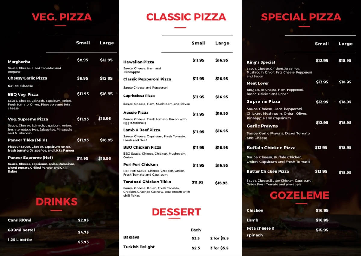 Menu, Kings Kebab & Pizza