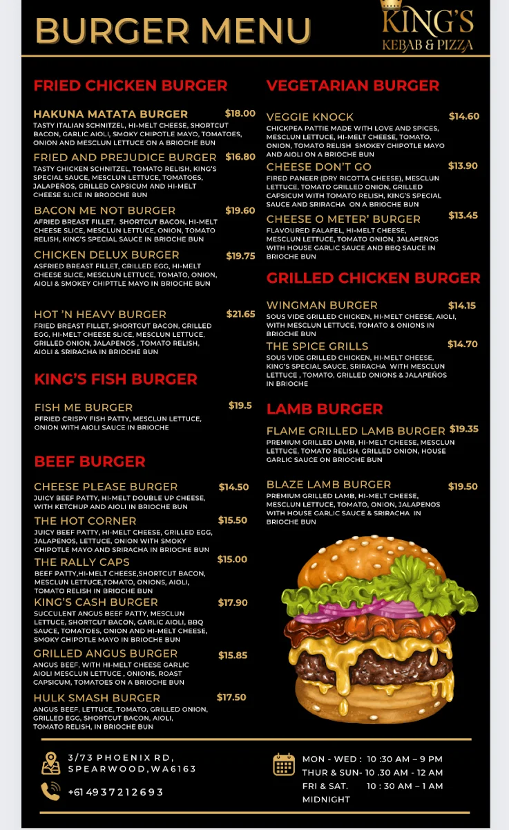Menu, Kings Kebab & Pizza