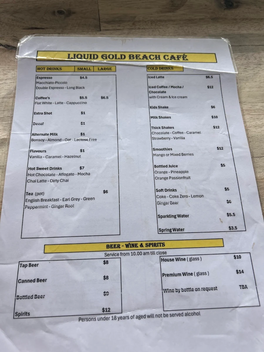 Menu, Liquid Gold Beach Cafe
