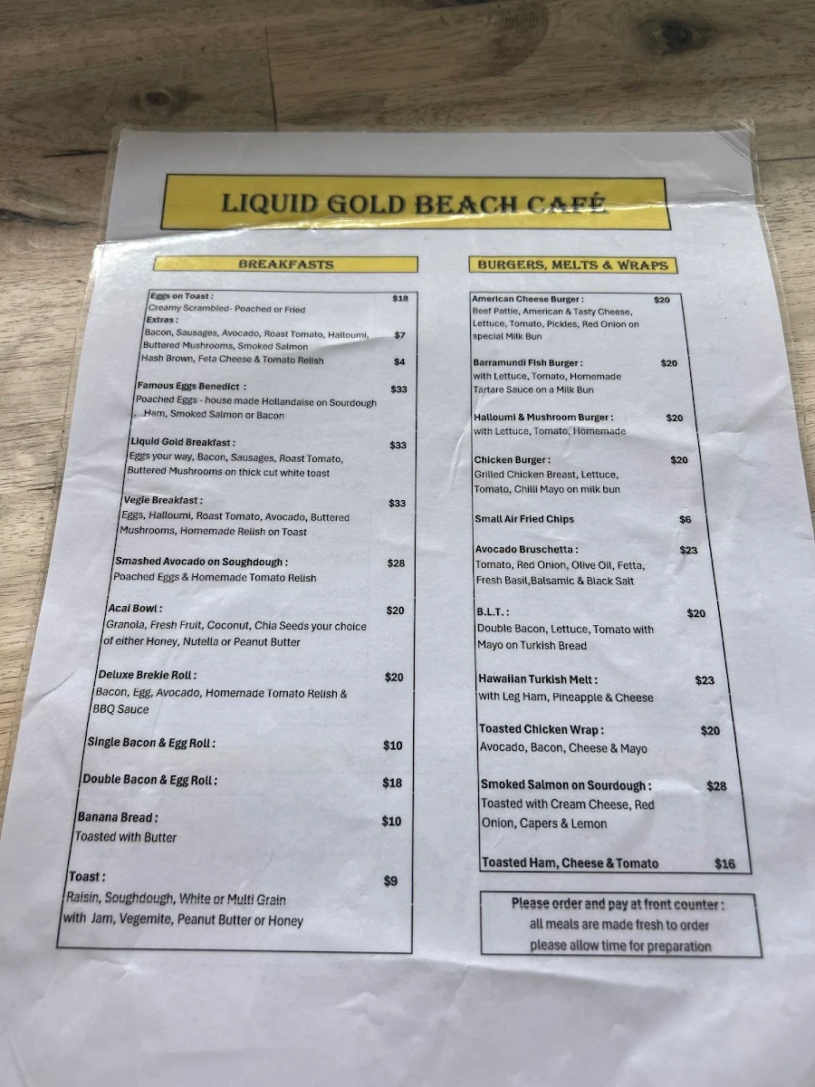 Menu, Liquid Gold Beach Cafe
