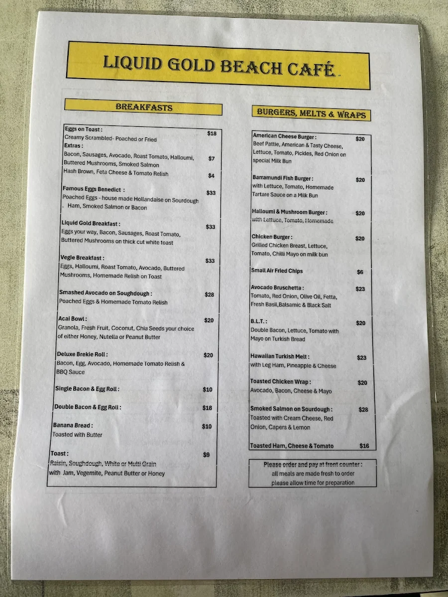 Menu, Liquid Gold Beach Cafe
