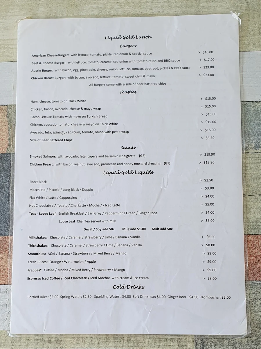 Menu, Liquid Gold Beach Cafe