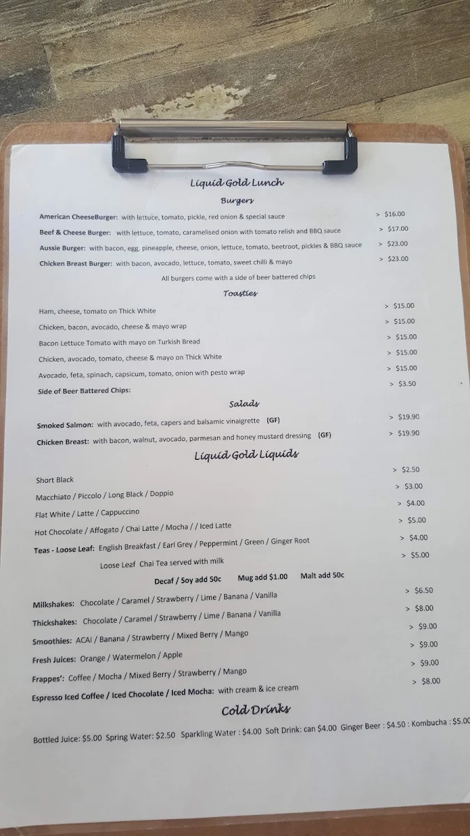 Menu, Liquid Gold Beach Cafe