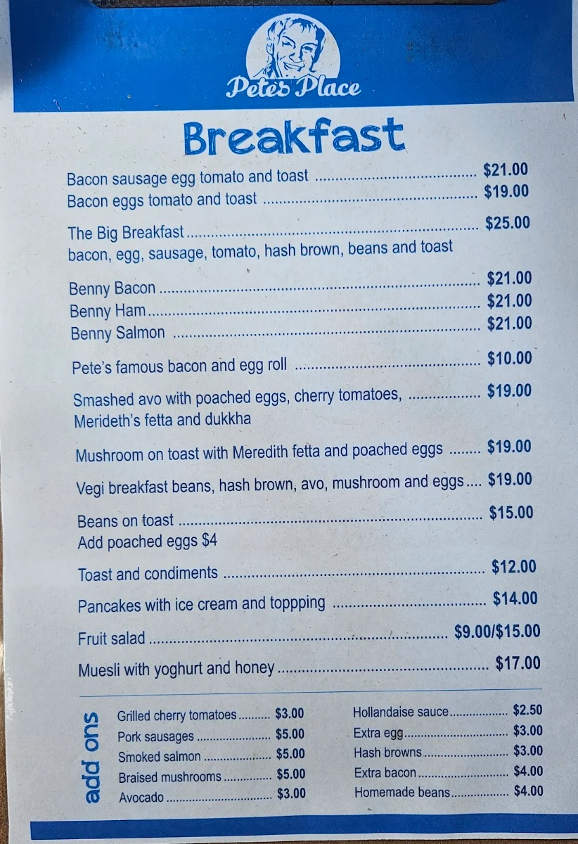Menu, Pete's Place