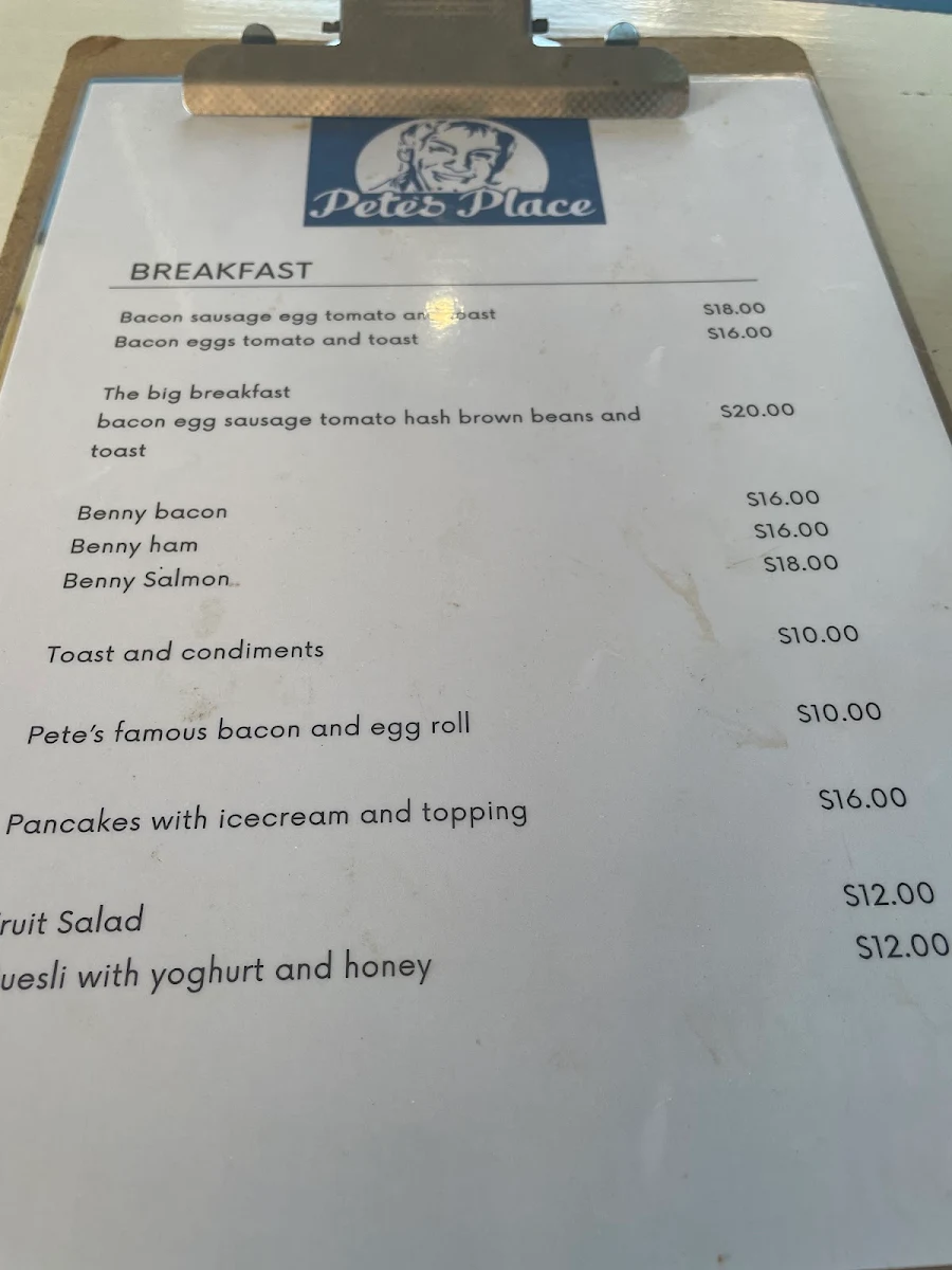 Menu, Pete's Place
